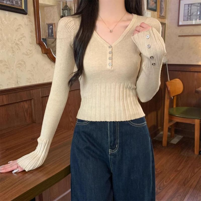 Maglione lavorato a maglia a maniche lunghe con scollo a V, elegante, stile coreano, per donna, versatile e alla moda, corto_voghion.com