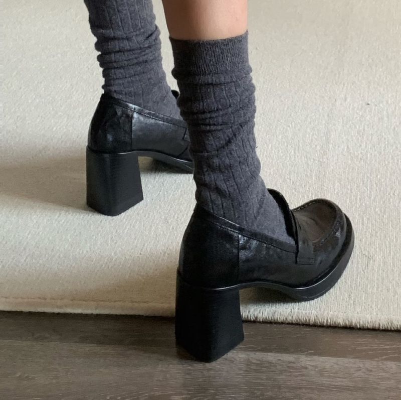 【8cm Silent Heel】Thick Loafers Versatile Commuter First Layer Soft Leather High Heel Slip-On Shoes For Women_voghion.com