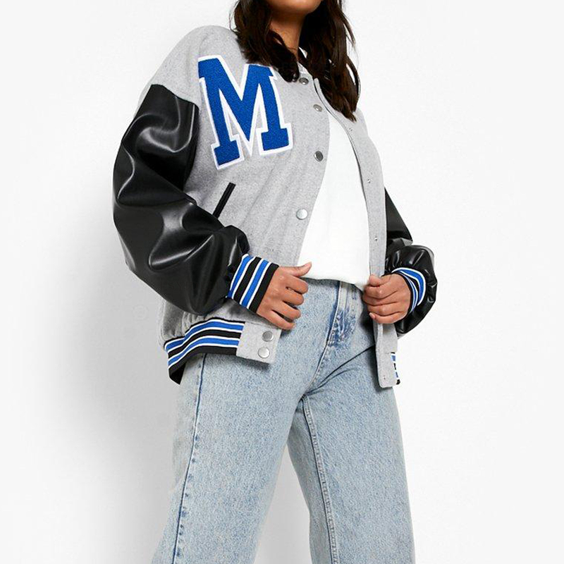 Chaqueta de béisbol engrosada de lana con letras para mujer_voghion.com