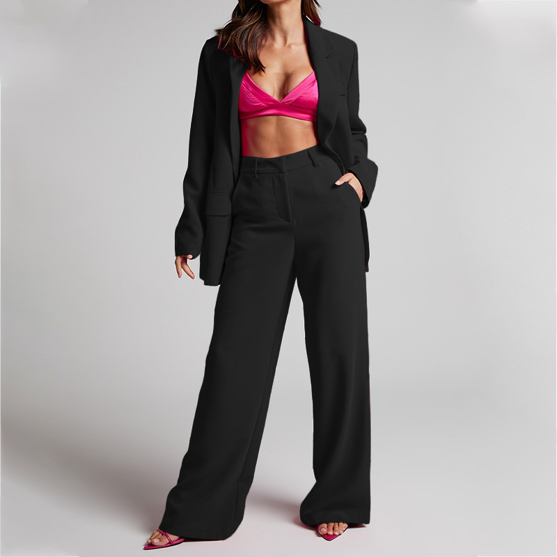 Pantaloni larghi da donna a gamba larga a vita alta a maniche lunghe con risvolto casual, due pezzi_voghion.com