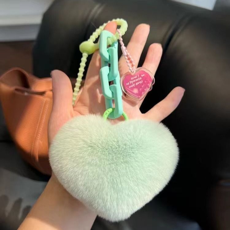Creative Silicone Real Rex Rabbit Fur Heart Chain Exquisite Backpack Pendant Couple Ornament Car Keychain_voghion.com
