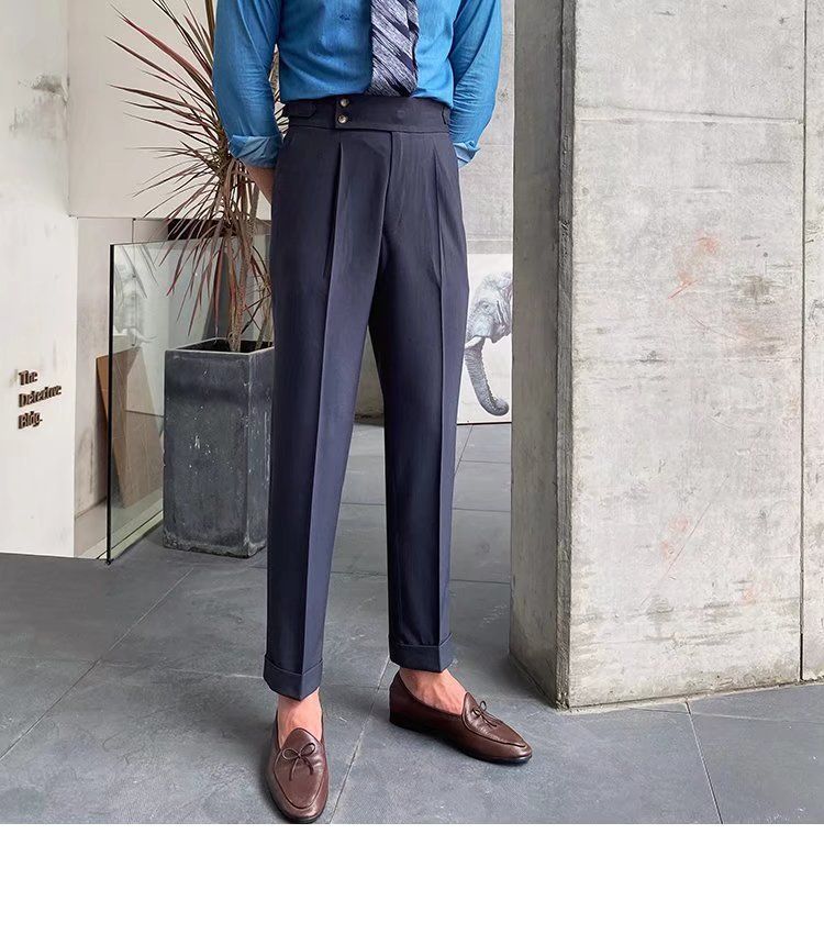 Herrenbekleidung Einfarbige Neun-Punkt-Hose mit hoher Taille Temperament Lässige Business-Hose mit italienischen Pariser Knöpfen Herrentrend_voghion.com