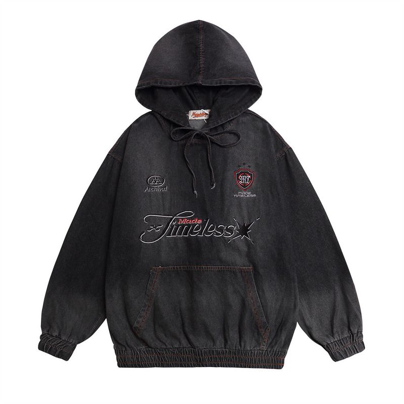 Erkekler İçin Amerikan Tarzı Yıkanmış Kot Sokak Modası Punk Gevşek İşlemeli Harfler Vintage Kapüşonlu Sweatshirt_voghion.com