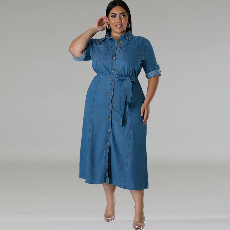 Women's Clothing Denim Lapel Long Sleeved Tie Down Mid Length Dress_voghion.com