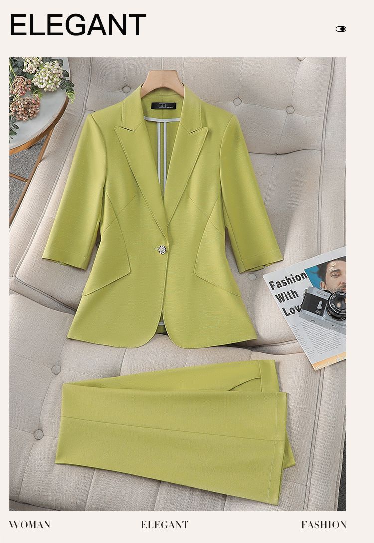 Elegantes 3/4-Ärmel-Anzugset für Damen – Slim Fit, professioneller Blazer und Hose fürs Büro und formelle Anlässe_voghion.com