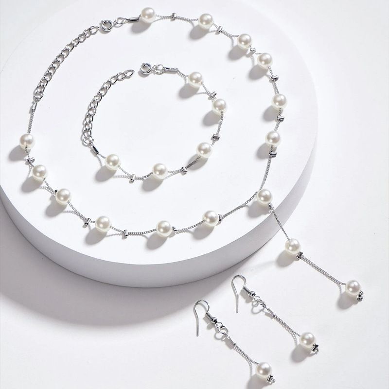 Fashion Pearl Necklace Bracelet Earrings Set New Sweet OL Elegant Pearl Simple Temperament Accessories_voghion.com