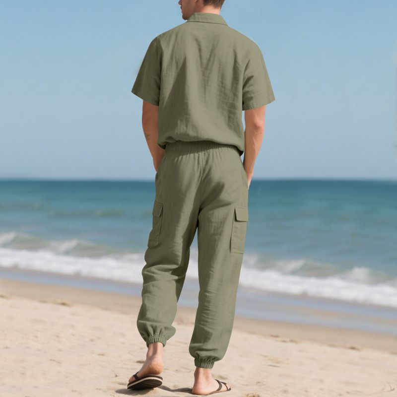 Men's Loose High End Hip Hop Workwear Sports Casual Trousers Linen Beach Short Sleeved Shirt Suit_voghion.com
