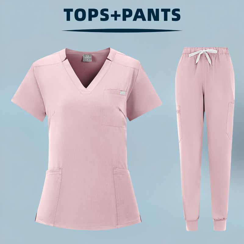 Damenbekleidung Geteilter OP-Overall mit V-Ausschnitt und kurzen Ärmeln Krankenhaus-Peeling-Anzüge für Damen Waschkleidung für den Operationssaal_voghion.com