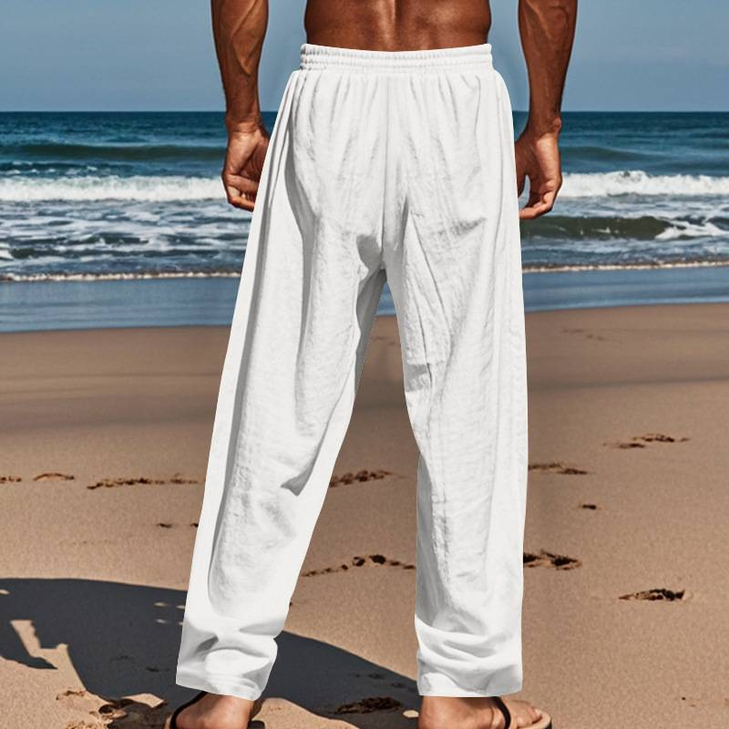 Pantaloni casual da spiaggia da uomo nuovi, in lino, tinta unita, con coulisse e bottoni_voghion.com