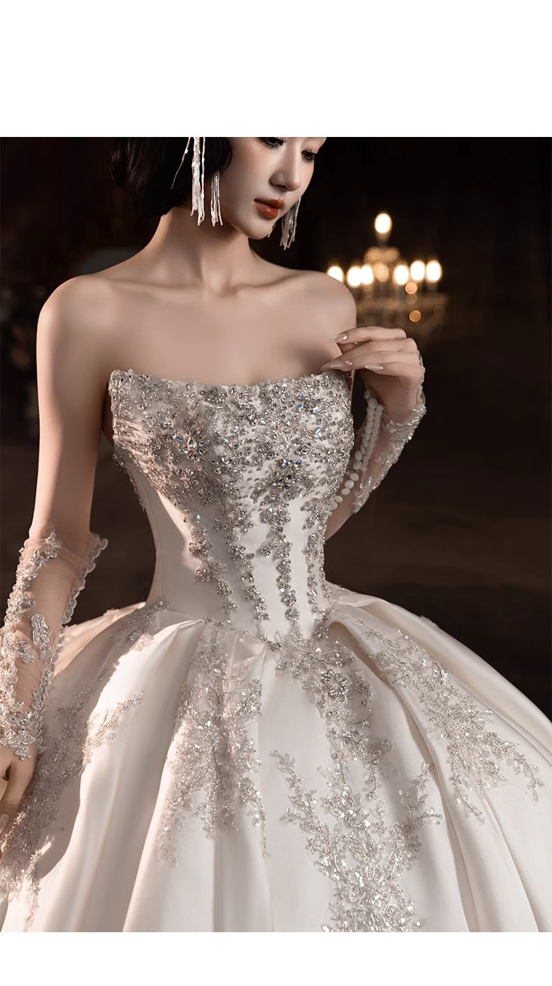 Summer Wedding Dress – Satin Strapless A-Line Gown With Detachable Train & Corset Back, Flattering For Petite Brides (XS-XXL)_voghion.com