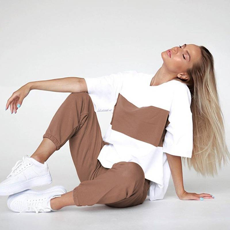 T-Shirt und Jogginghose in Kontrastfarbe – Atmungsaktives Kurzarm-T-Shirt und Loungehose mit entspannter Passform (Khaki/Schwarz/Grau, S-XL)_voghion.com