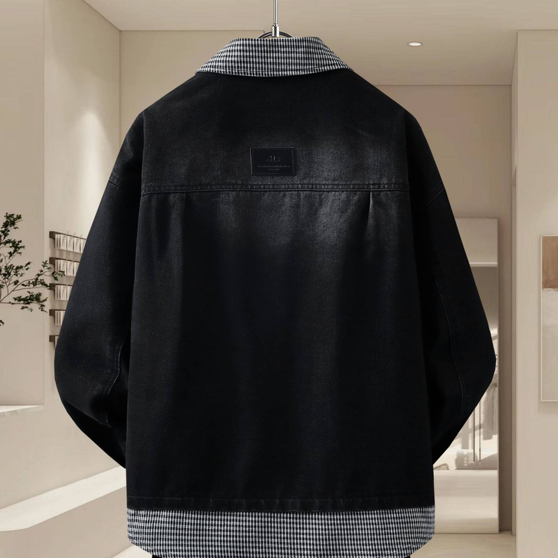 Giacca da uomo in misto denim e cotone – Design con pannelli a contrasto di ispirazione coreana, colletto con cerniera slim fit (abbigliamento casual da strada, essenziale per primavera/autunno)_voghion.com