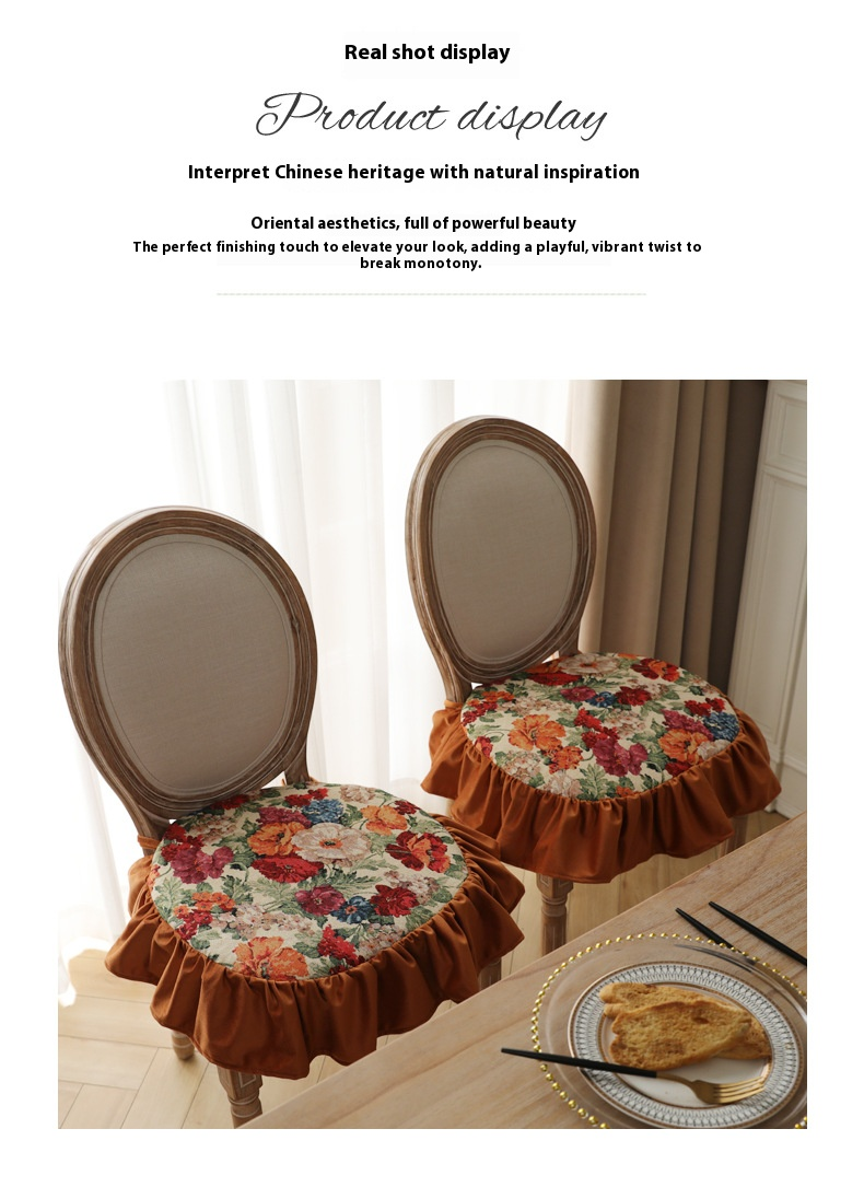Abnehmbares französisches Vintage-Stuhlkissen mit Blumenmuster – waschbares Sitzpolster aus Polyester mit Rüschen und rutschfesten Bändern (Füllung aus harter Baumwolle, Cottagecore-Dekor)_voghion.com