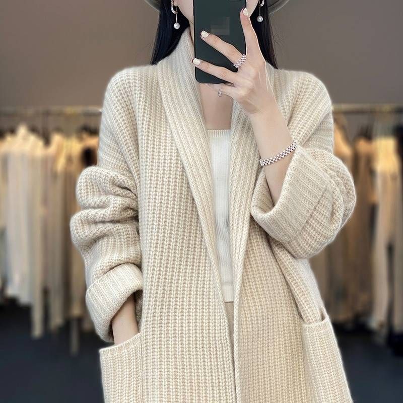 Vêtements pour femmes Cardigan en tricot surdimensionné à col en V pour femmes - Manteau pull décontracté à manches longues et mi-long ouvert sur le devant_voghion.com