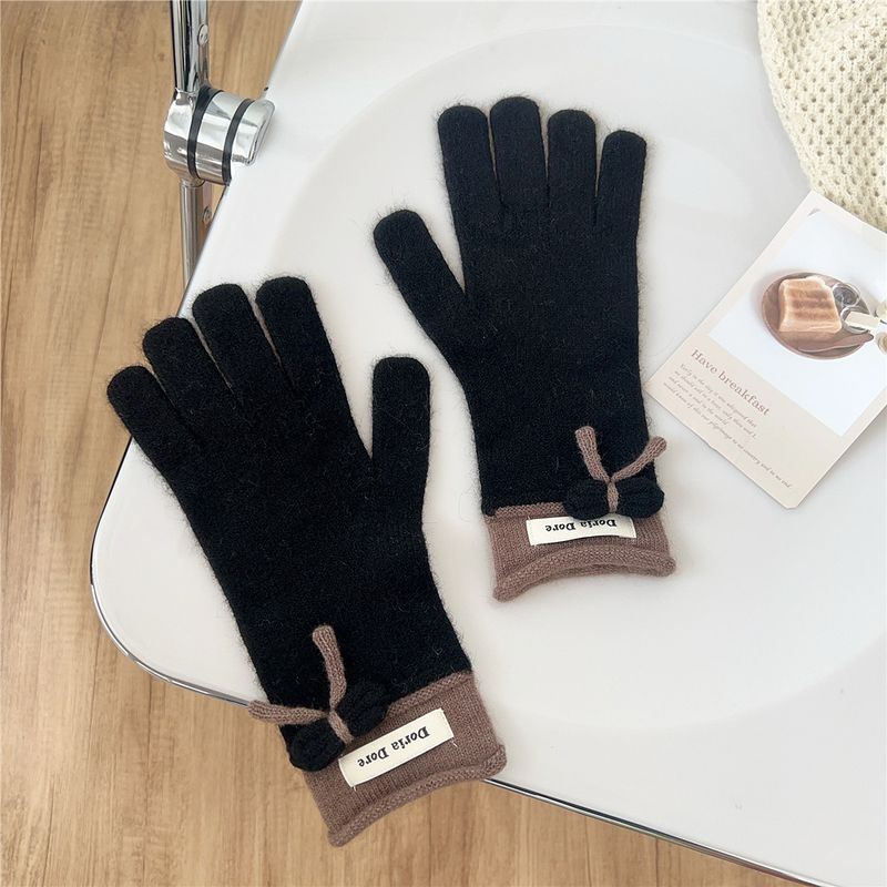 Bowknot Gloves For Girls In Winter, Korean Style, Versatile, Cute For Students, Five-fingered Woolen Knitted, For Couples, Warm For Cycling_voghion.com
