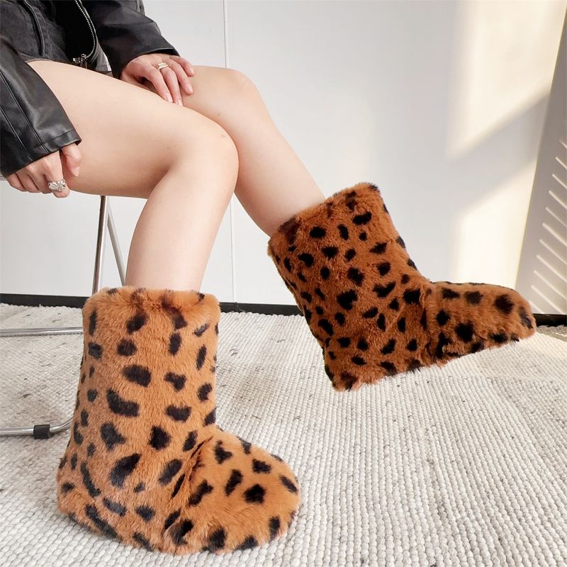 Faux Rabbit Fur Snow Boots For Women, Hot Girl Style Short Boots, Leopard Print Faux Fur Punk Y2k Trendy Cool Style Shoe And Bag Set_voghion.com