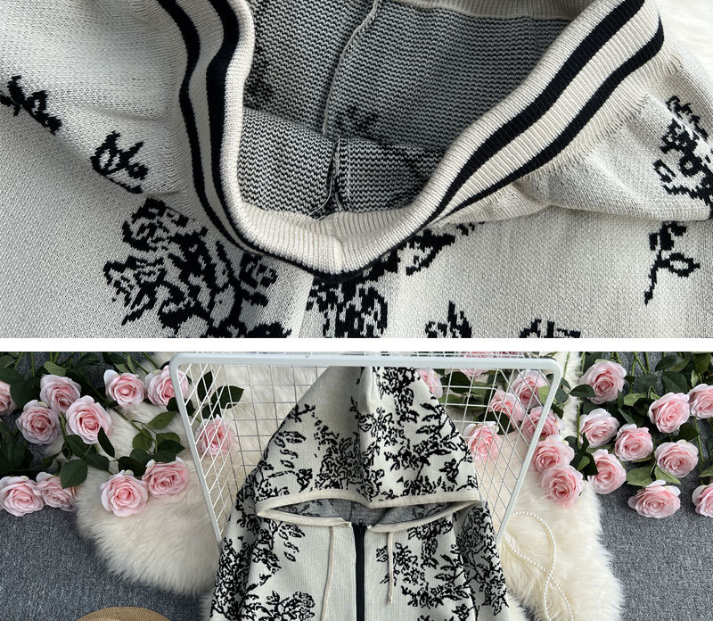Sweat-shirt tricoté à capuche et fermeture éclair en jacquard pour femmes, ensemble deux pièces, taille haute, pantalon à jambes larges_voghion.com