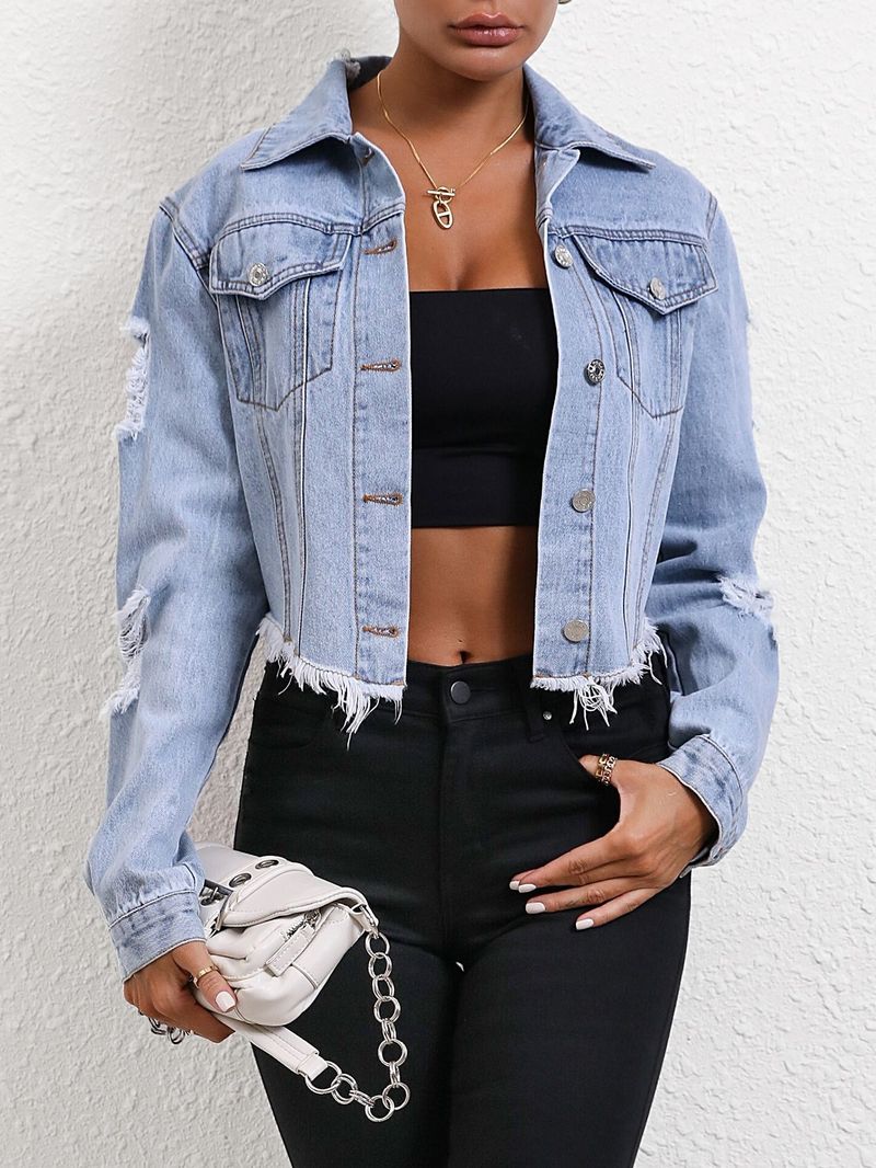 Women's clothing INS Casual loose ripped long-sleeved short denim jacket_voghion.com