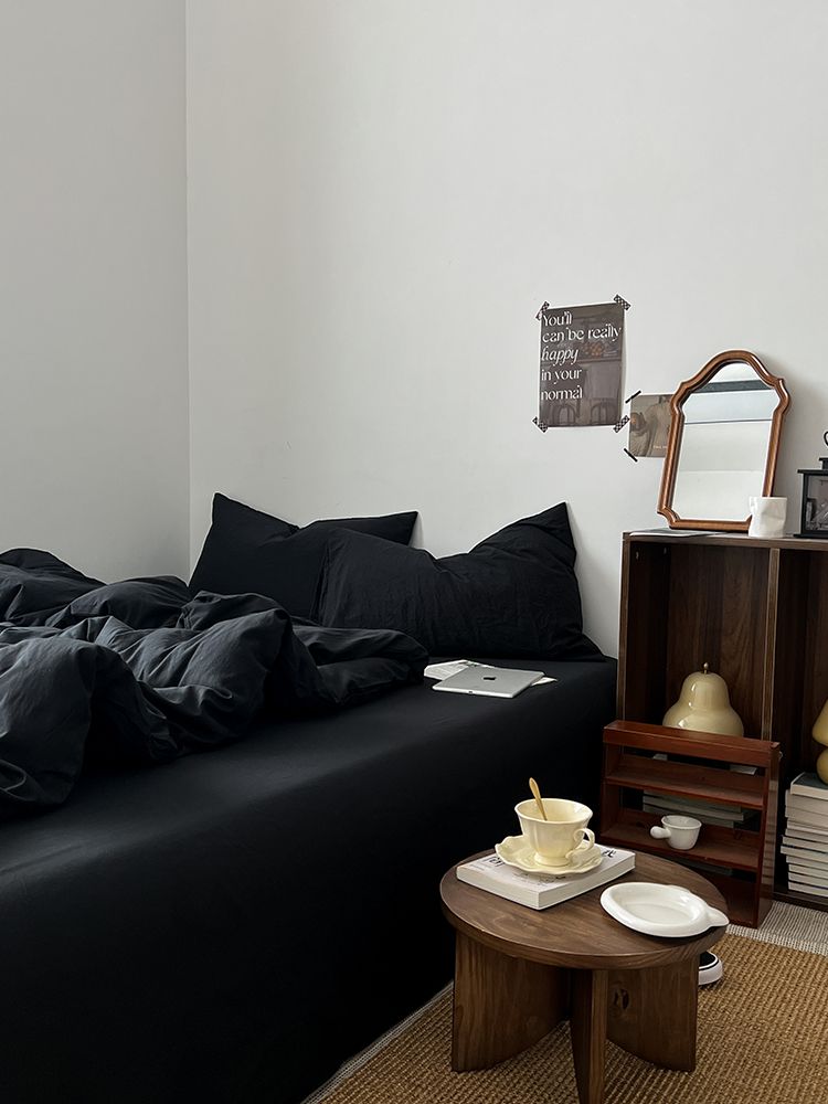 Japanese Wabi-Sabi Style | Bedding Of Four All-Cotton Pure Cotton Black Single Bed Sheet Student Three-Piece Set_voghion.com