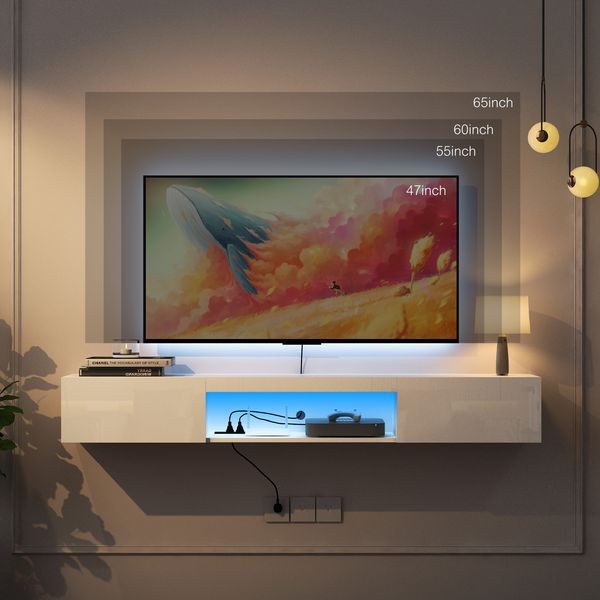 Floating TV Stand Wall Mounted With 16 Color LEDs,63' Modern TV Stand,Floating TV Cabinet Entertainment Center For 55 60 65 Inch TV,White_voghion.com