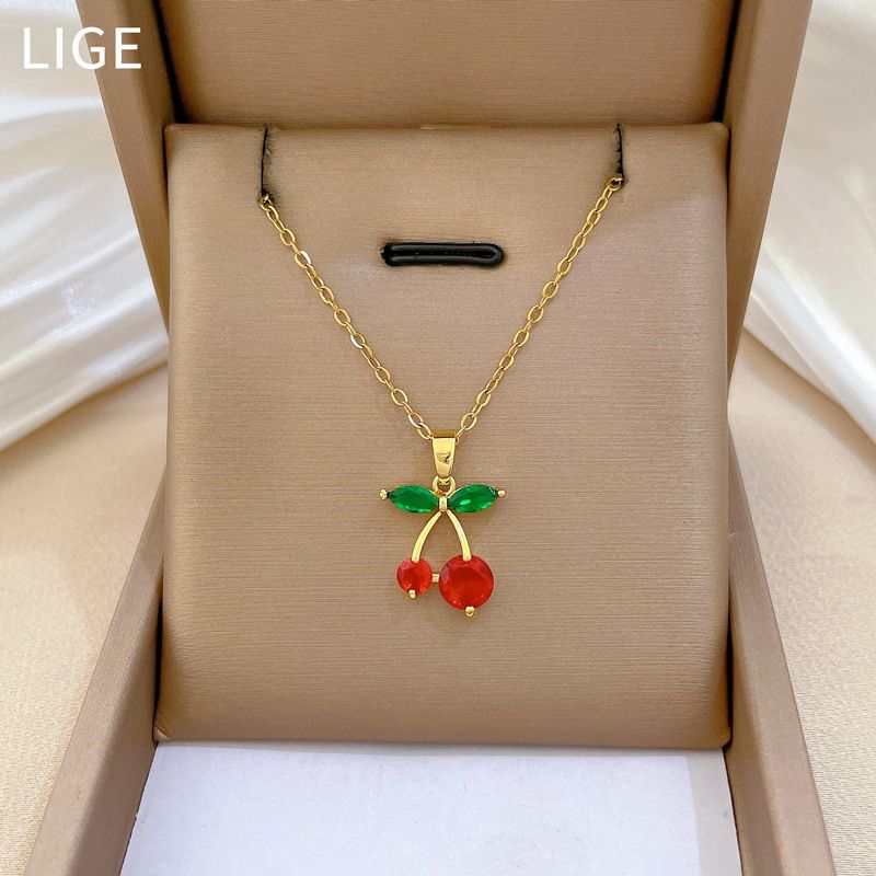 【 Titanstahl 】 Rote Kirschfrucht leichtes Luxustemperament wunderschöne Volldiamanthalskette Damen vielseitiges Schlüsselbein_voghion.com