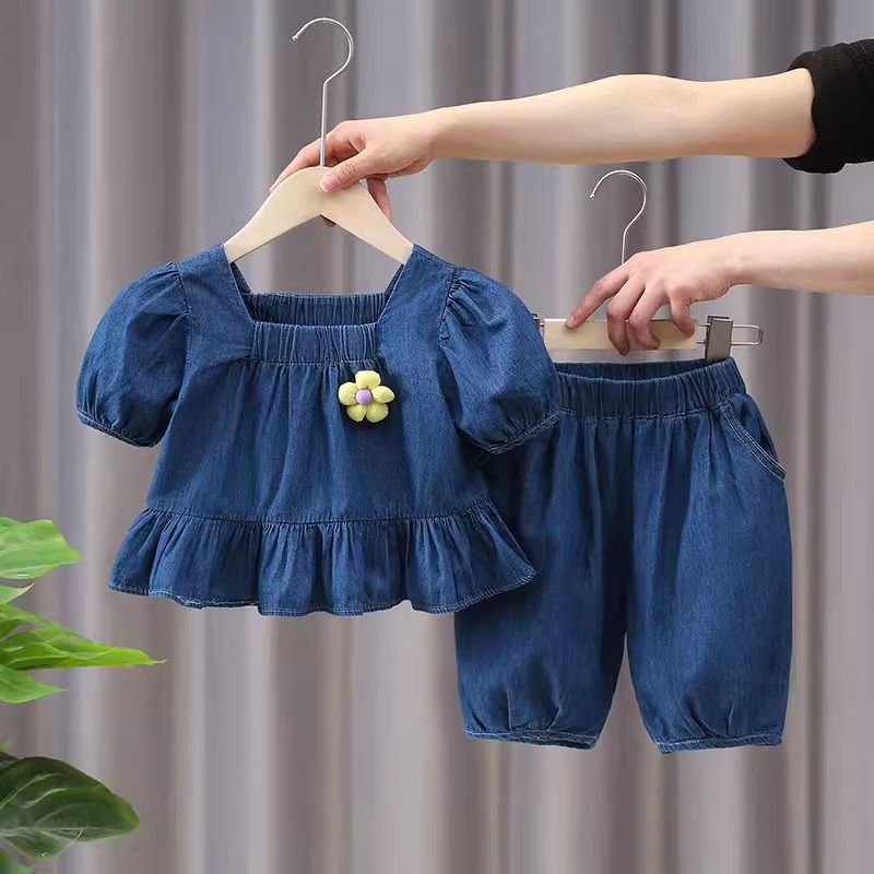 Little Thin Denim 2024 Yeni Moda Kız Bebek Yaz İki Parçalı Takım_voghion.com