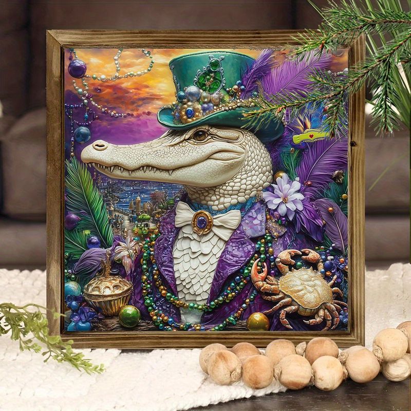 8x8 Karnevalsschild aus Holz – Mardi Gras Party-Dekor für Schreibtisch/Wohnzimmer/Büro, lebendiges gerahmtes Urlaubsgeschenk_voghion.com