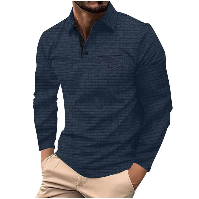 Ins Frühling Herbst Herren Langarm Plaid mit Knöpfen und Tasche Sport Poloshirt_voghion.com