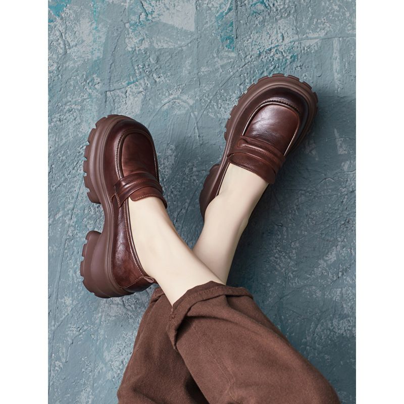 Mocassini da donna in vera pelle con zeppa spessa, punta rotonda, stile britannico, autunno 2024, scarpe singole da donna_voghion.com