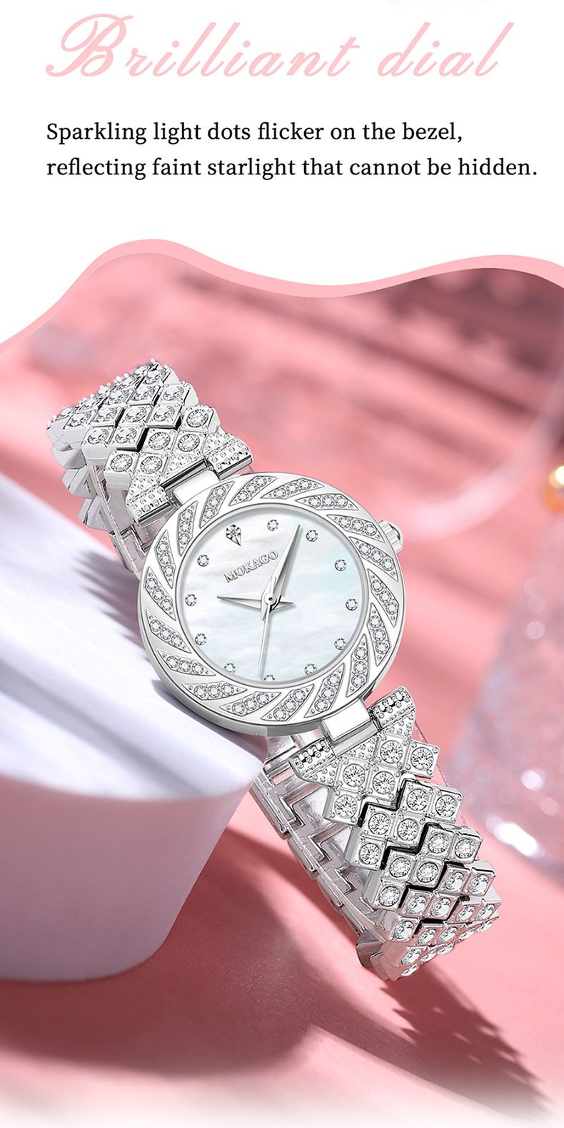 Women's Elegant Waterproof Quartz Watch With Mother-of-Pearl Dial And Diamond Accents, Minimalist Round Wristwatch For Daily Wear_voghion.com