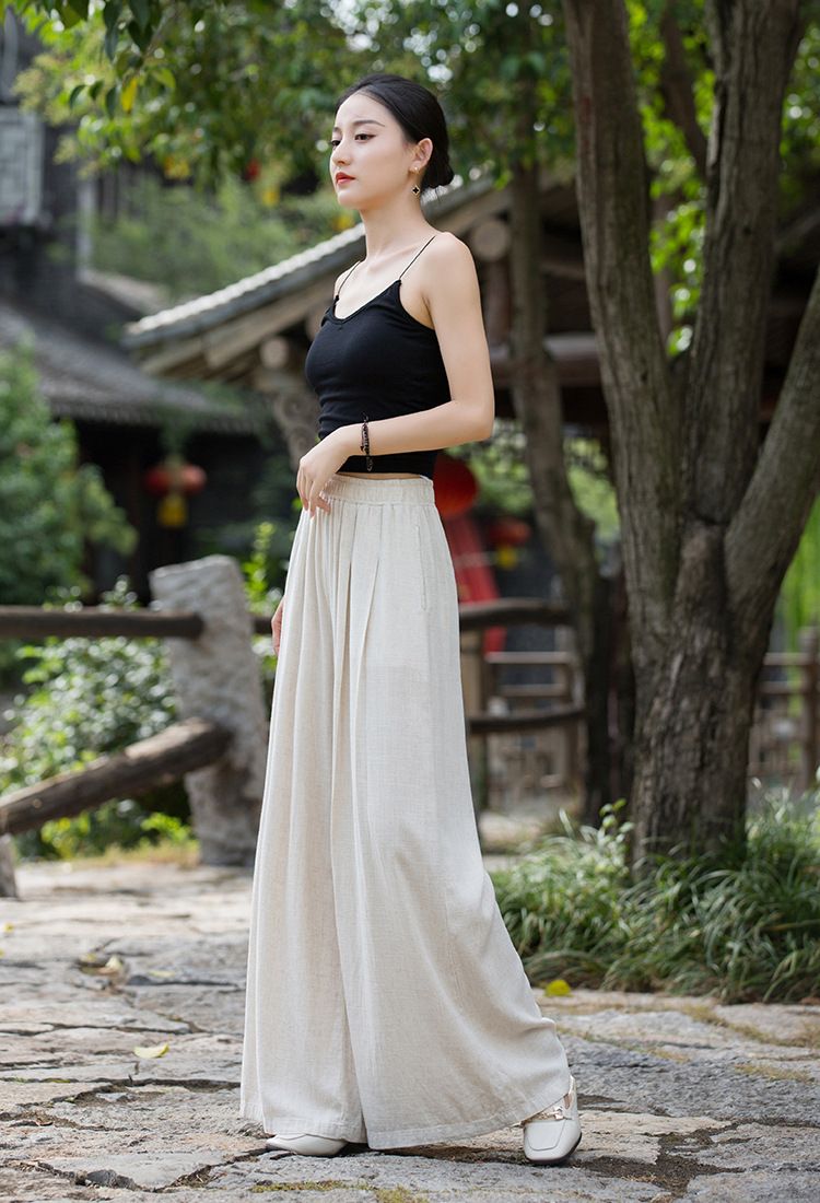 Women's Clothing Textured Linen Versatile Version Lengthen Legs Elegant and Chic Women's Skirt Pants Wide-leg Pants_voghion.com