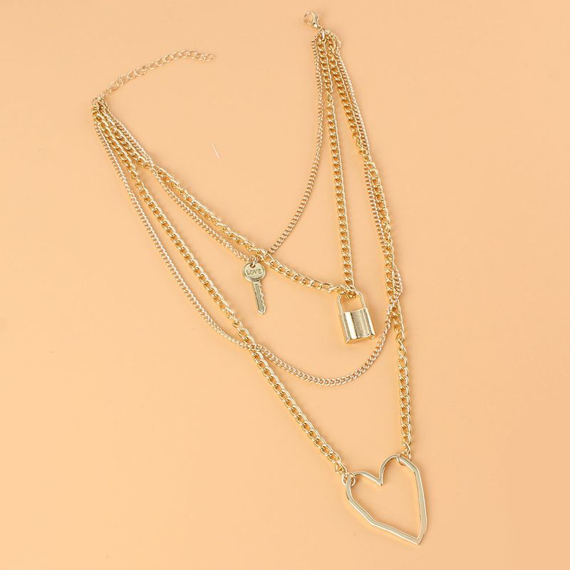 Geometric Heart Pendant Necklace Simple Personality Lock Shaped Multi Layer Clavicle Chain Cross Border Necklace For Women_voghion.com