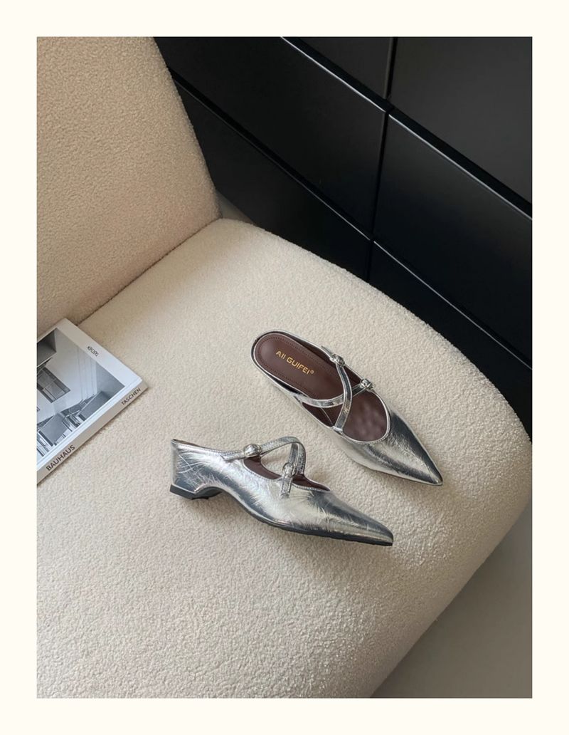 Mules de salto alto estilo francês, com tiras cruzadas e bico fino, prateados, fechados, para mulheres, primavera-verão, uso ao ar livre_voghion.com