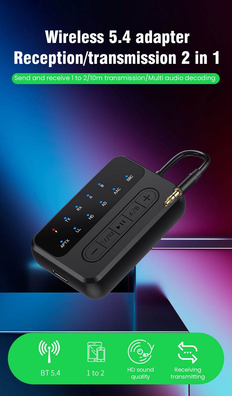 Qualcomm QCC5.4 Adapter Bluetooth Receiver Transmitter 2-in-1 TV Computer One-to-Two AptX Airplane_voghion.com