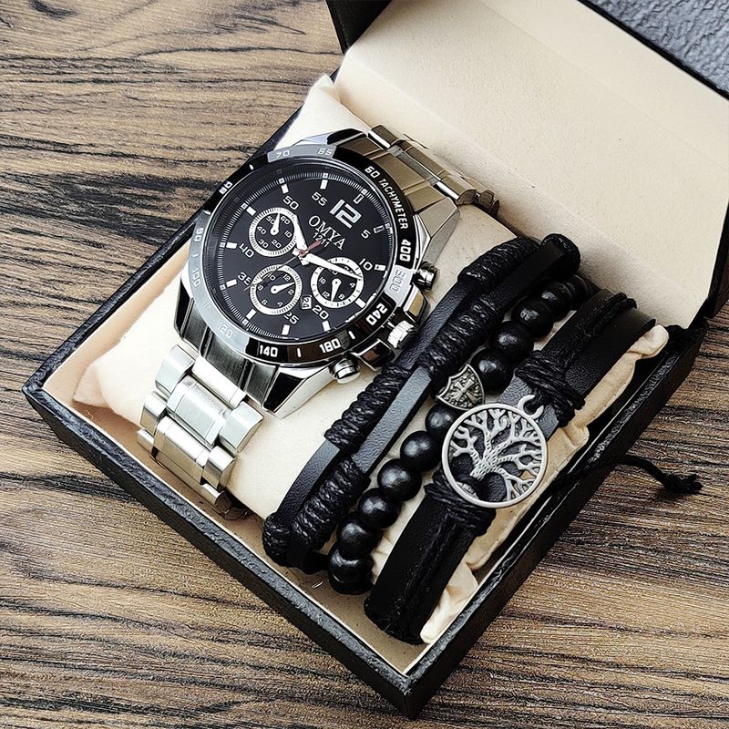 OMYA wasserdichte Herrenuhr mit Kalender, Quarzuhr, Geschenkbox-Set, Armband, Gürtel, Edelstahlarmband_voghion.com