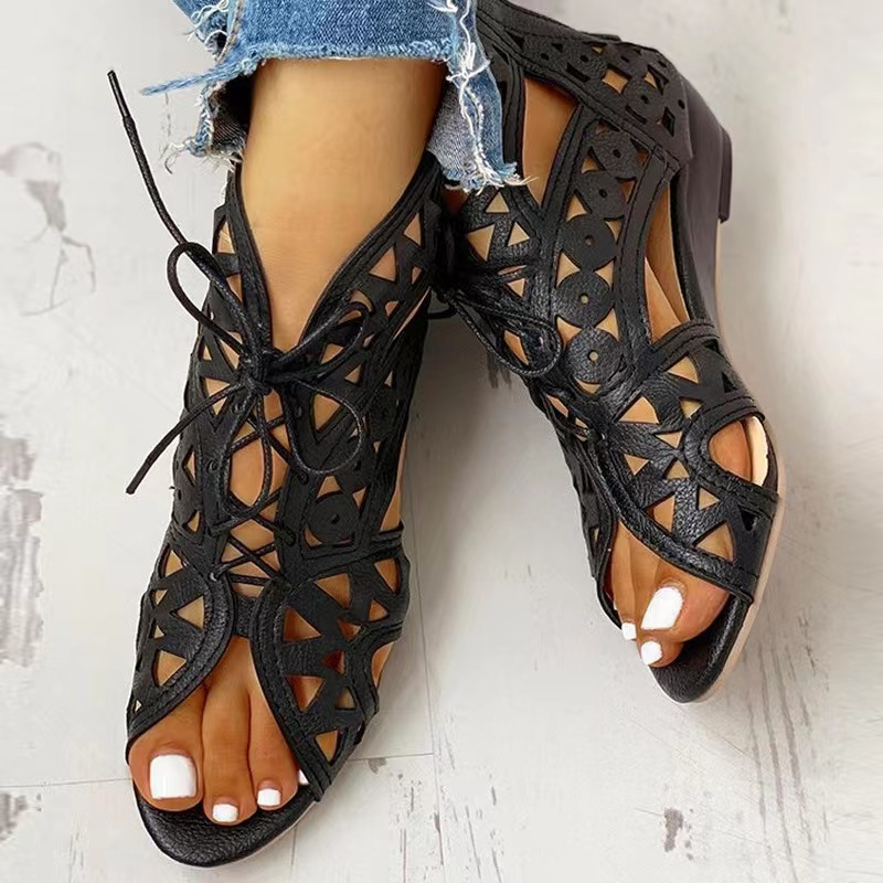 Scarpe di grandi dimensioni 2025, nuove scarpe da donna estive, sandali con fondo piatto e traforato in stile etnico per le donne_voghion.com