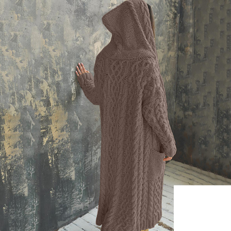 Women's long hooded cardigan sweater with braids_voghion.com