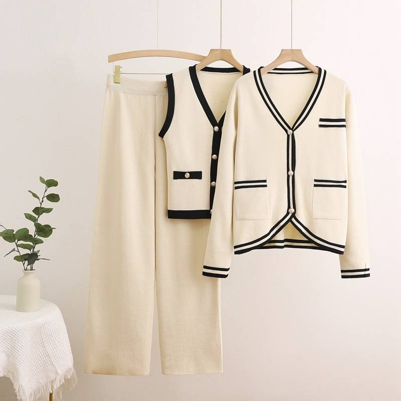 Damenbekleidung: Langärmliger Pullover, lässige Strickjacke für den Herbst, Weste, gerade Hose, dreiteiliger Anzug_voghion.com