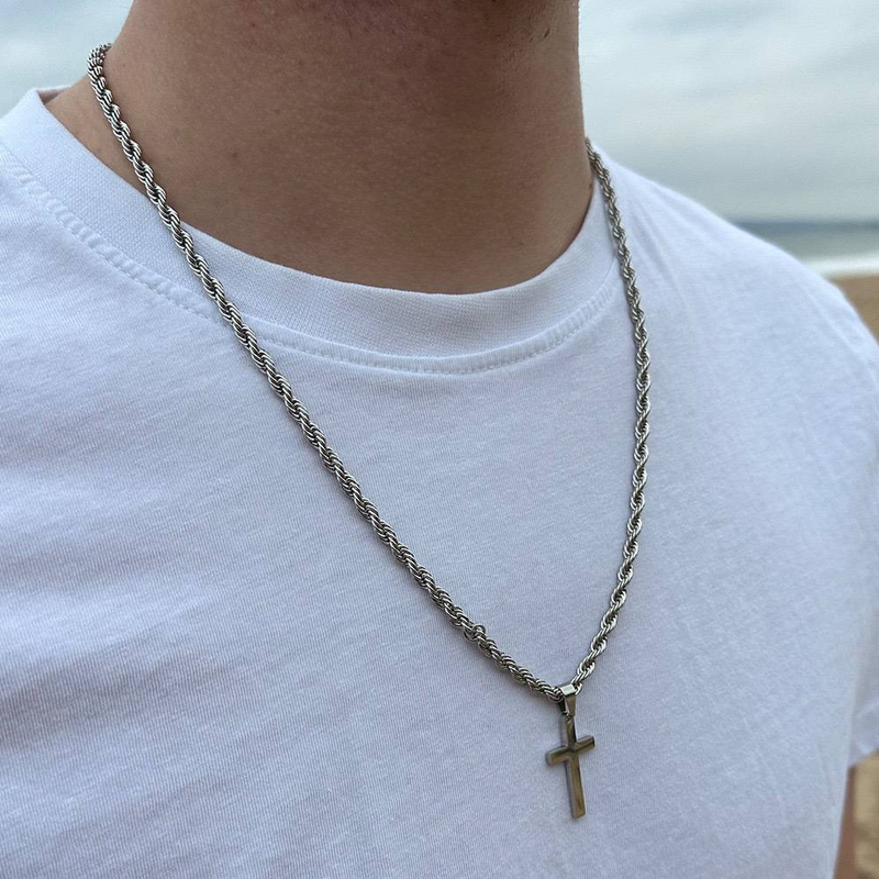Gold cross titanium steel necklace men's personality hip hop double layer stacking necklace jewelry_voghion.com