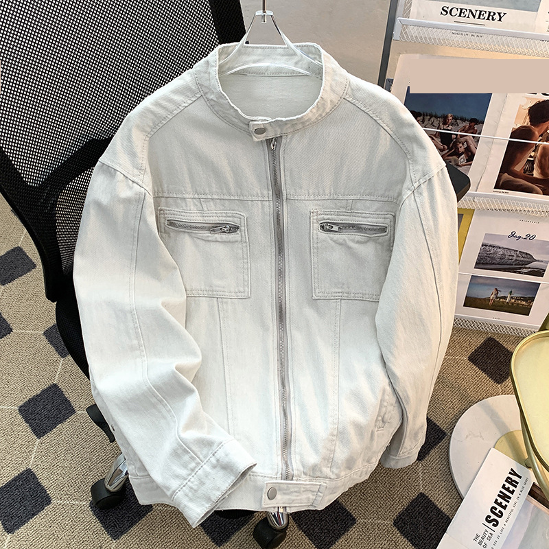 Men's Clothing Washed Distressed Deconstructed Stand Collar Denim Jacket For Men American Style Design Canvas Zipper Jacket Trendy_voghion.com