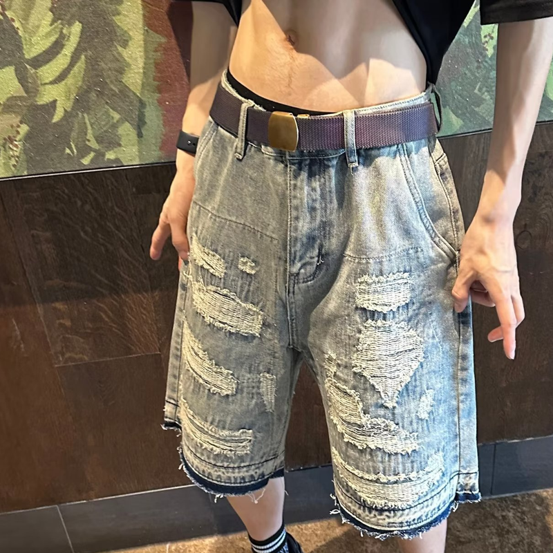 Lässige Sommershorts für Herren – Denim-Cargo-Shorts mit zerrissenem Saum und elastischer Taille, Streetwear-Mode für Teenager und junge Erwachsene (S-3XL)_voghion.com