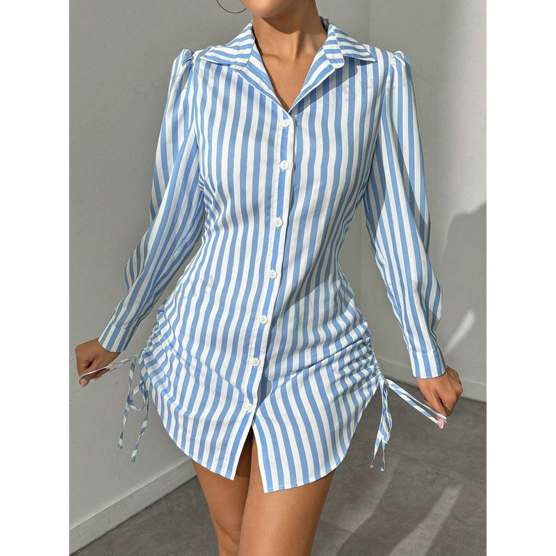 Women's Striped Side Drawstring Long Sleeve Shirt – Spring Summer Casual Blouse With Puff Sleeves & Bow Detail, Slim Fit Polyester Top_voghion.com