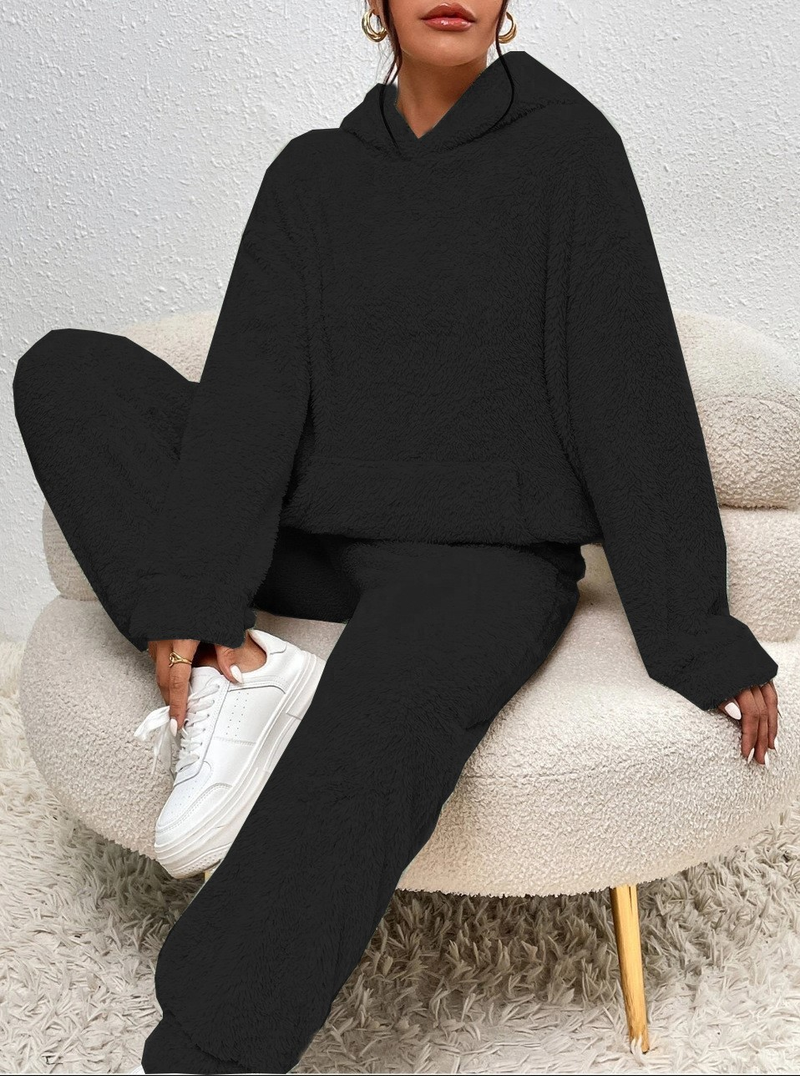 Pigiama da donna autunnali, caldo, con scollo rotondo, due pezzi, tinta unita, casual, comodo, abbigliamento da casa per donna_voghion.com