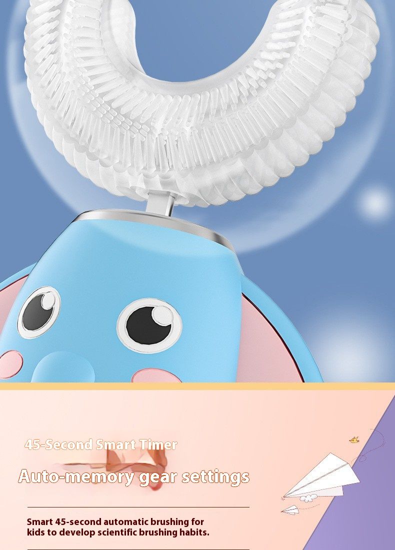 Cepillo de dientes eléctrico infantil en forma de U: 3 modos, limpieza de 360°, cerdas suaves de silicona, silencioso (36 dB), recargable, diseño de elefante (con pasta de dientes)_voghion.com