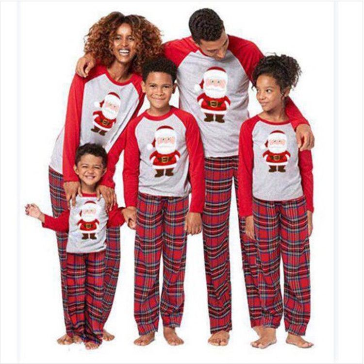 Passender Weihnachtspyjama für die ganze Familie – Langarm-Schlafanzug mit Weihnachtsmann-Print für Erwachsene und Kinder, gemütliches kariertes Festtagsoutfit_voghion.com