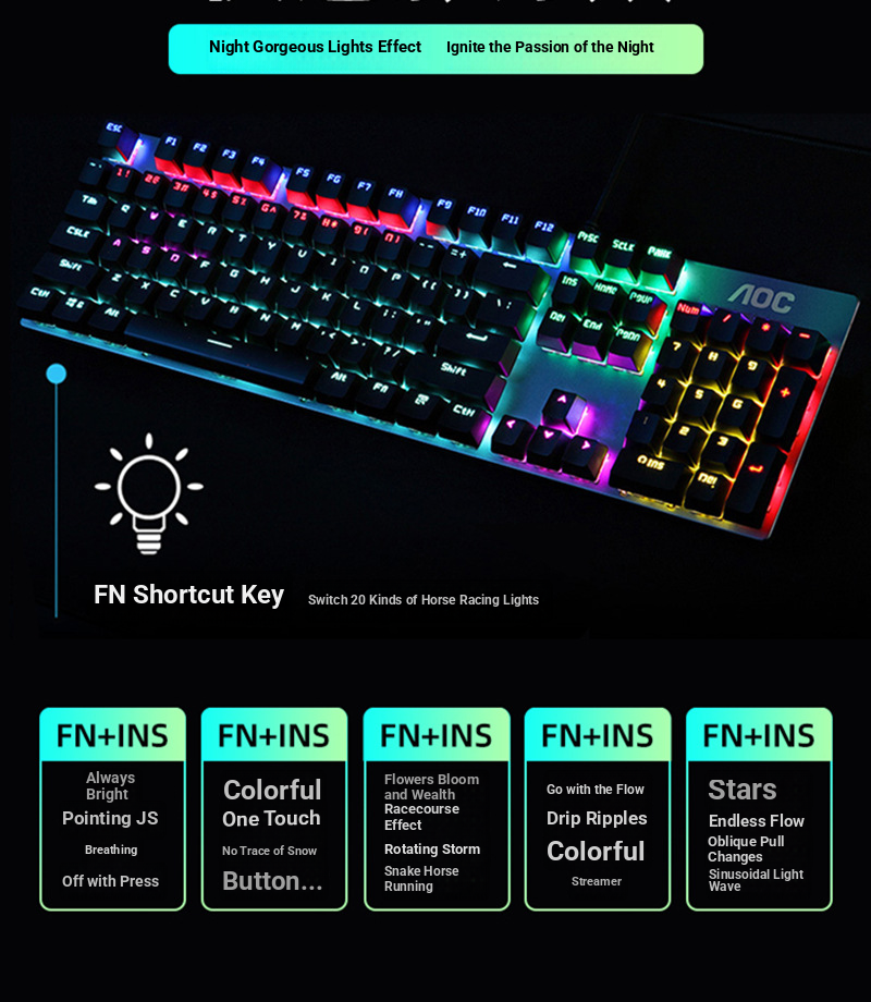 Clavier de jeu mécanique AOC GK410 - Interrupteurs bleus, rétroéclairage multimode, connexion filaire USB, panneau en métal (104 touches, étanche)_voghion.com