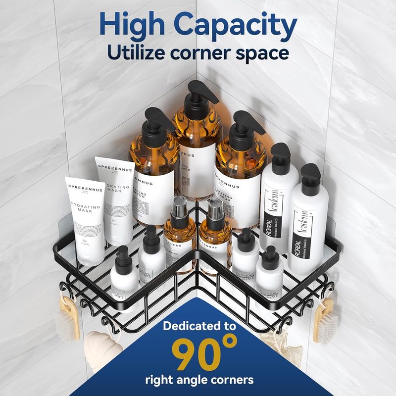 Heavy-Duty Bathroom Corner Shelf, 3-Tier Storage With Hooks, Adhesive Installation, Space Saver For Shower, Rental Friendly_voghion.com