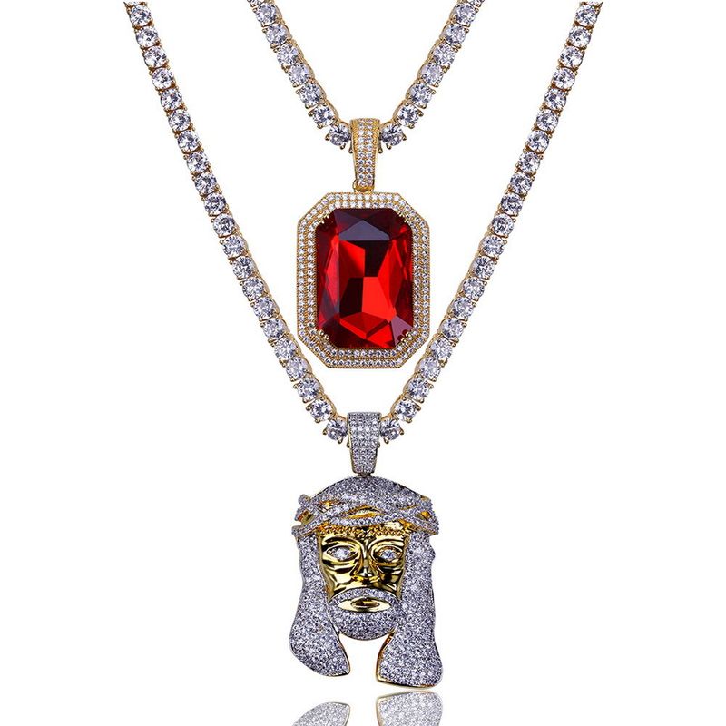 Necklaces New Micro Inlaid Pendant Chain Head Portrait And Ruby Hiphop Hip Hop Necklace Combination Set_voghion.com