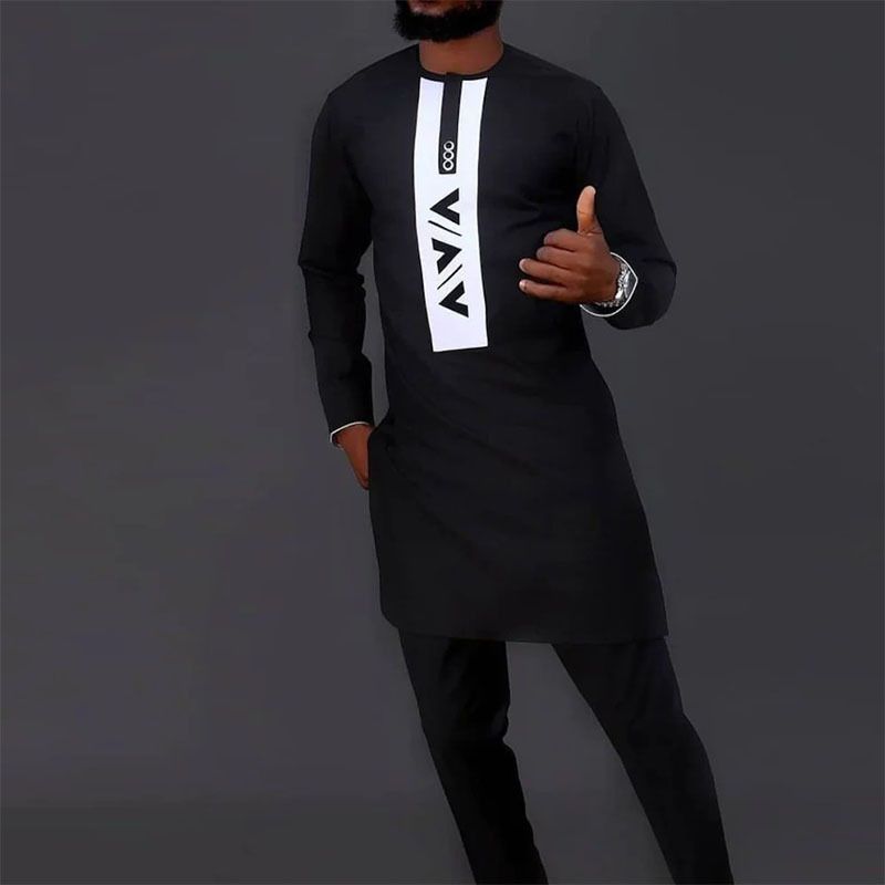 Ropa de hombre Traje casual de estilo étnico de algodón negro de manga larga ordinario_voghion.com