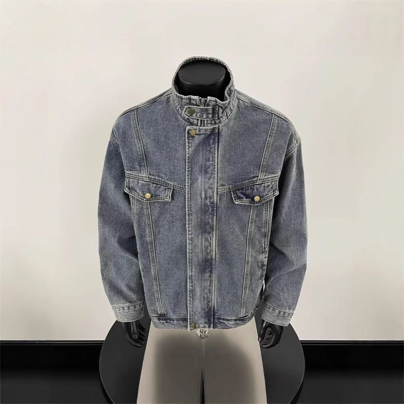 Frühlingsneue Denim-Herrenjacke mit strapazierfähigem, gewaschenem Stehkragen, lässig, locker, trendig, amerikanisches High-End-Sense-Oberteil_voghion.com